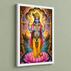 Lord Vishnu Vivid Premium Spiritual Poster Art Photo Frame — white frame angled wall
