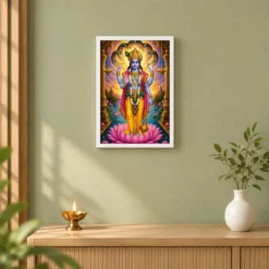 Lord Vishnu Vivid Premium Spiritual Poster Art Photo Frame — white frame distant wall