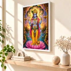 Lord Vishnu Vivid Premium Spiritual Poster Art Photo Frame — white frame warm console
