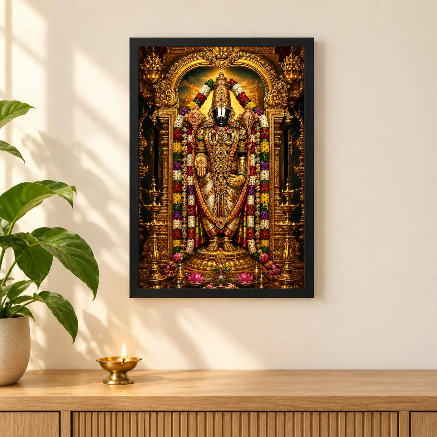 Tirupati Balaji Ornate Golden Temple Darshan Photo Frame 3 Tirupati Balaji Ornate Golden Temple Darshan Photo Frame — black frame pooja shelf