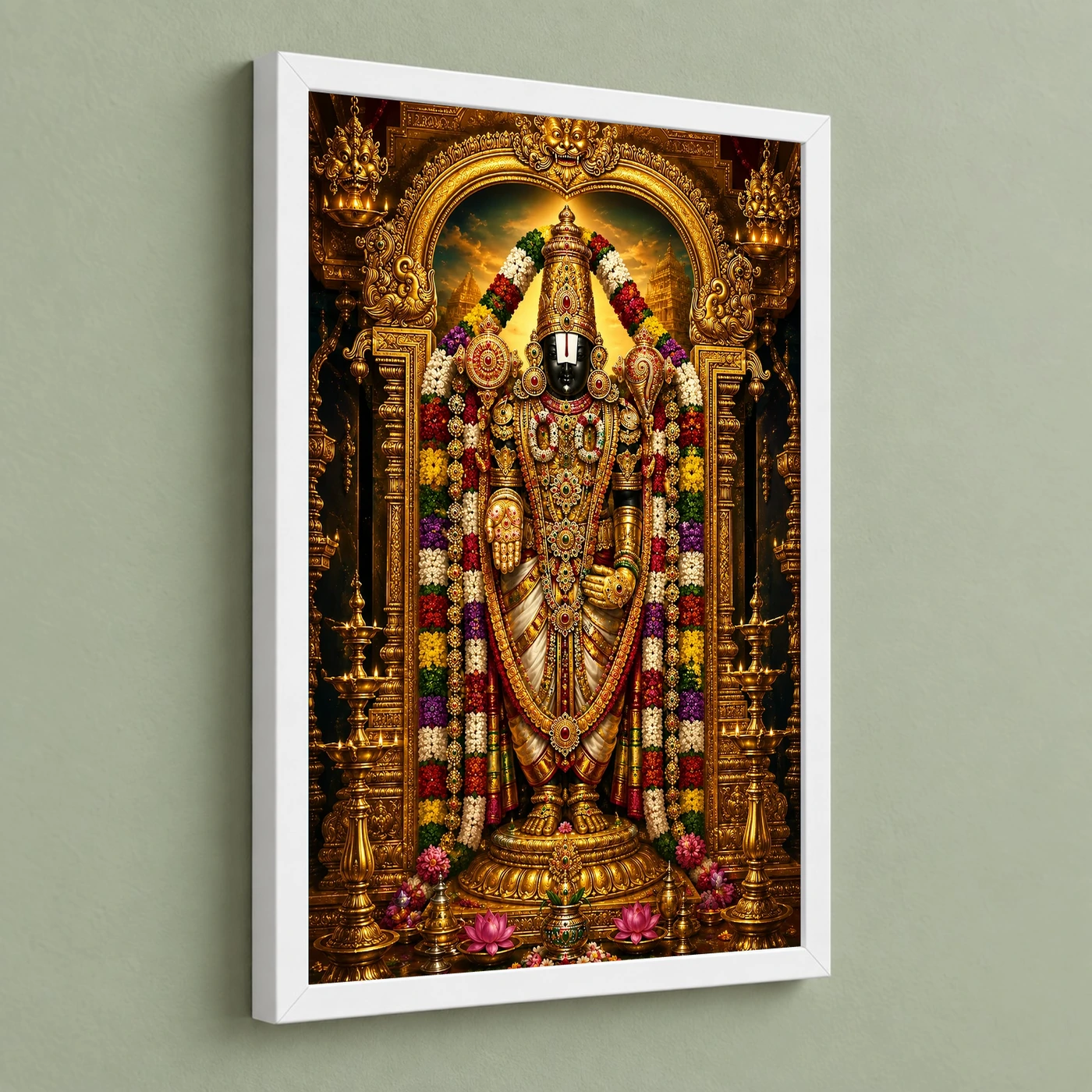 Tirupati Balaji Ornate Golden Temple Darshan Photo Frame 5 Tirupati Balaji Ornate Golden Temple Darshan Photo Frame — white frame angled wall