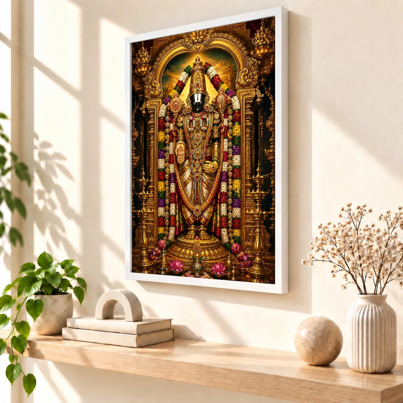 Tirupati Balaji Ornate Golden Temple Darshan Photo Frame 7 Tirupati Balaji Ornate Golden Temple Darshan Photo Frame — white frame warm console