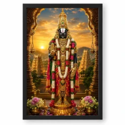 Tirupati Balaji Serene Sunrise Blessing Photo Frame — black frame clean