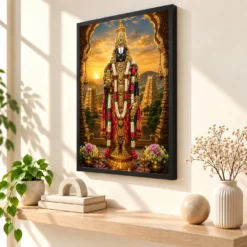 Tirupati Balaji Serene Sunrise Blessing Photo Frame — black frame console