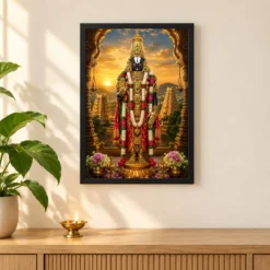Tirupati Balaji Serene Sunrise Blessing Photo Frame — black frame pooja shelf