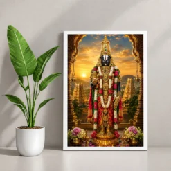 Tirupati Balaji Serene Sunrise Blessing Photo Frame — white frame console