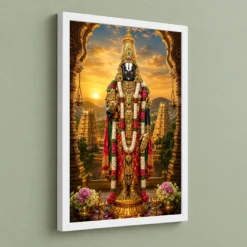 Tirupati Balaji Serene Sunrise Blessing Photo Frame — white frame angled wall