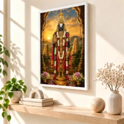 Tirupati Balaji Serene Sunrise Blessing Photo Frame — white frame warm console