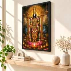 Tirupati Balaji Lotus And Diya Radiance Photo Frame — black frame console