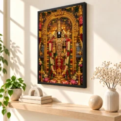 Tirupati Balaji Grand Festival Flower Decoration Photo Frame — black frame console