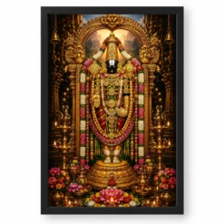 Tirupati Balaji Peaceful Home Mandir Composition Photo Frame — black frame clean