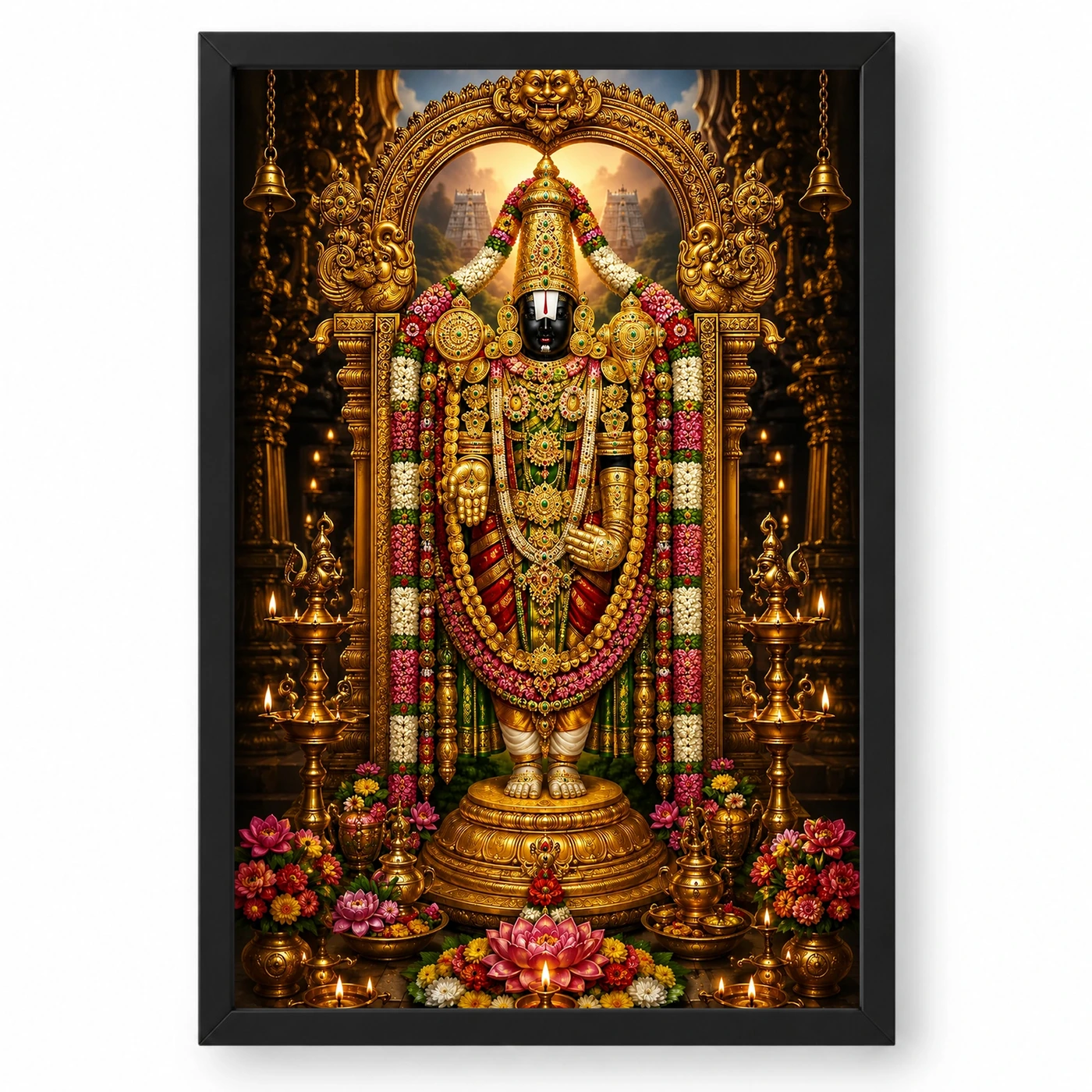 Tirupati Balaji Peaceful Home Mandir Composition Photo Frame 1 Tirupati Balaji Peaceful Home Mandir Composition Photo Frame — black frame clean