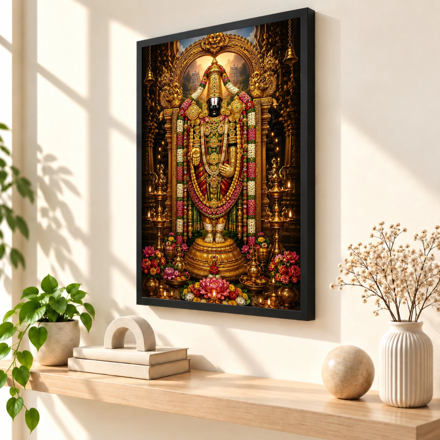 Tirupati Balaji Peaceful Home Mandir Composition Photo Frame 2 Tirupati Balaji Peaceful Home Mandir Composition Photo Frame — black frame console