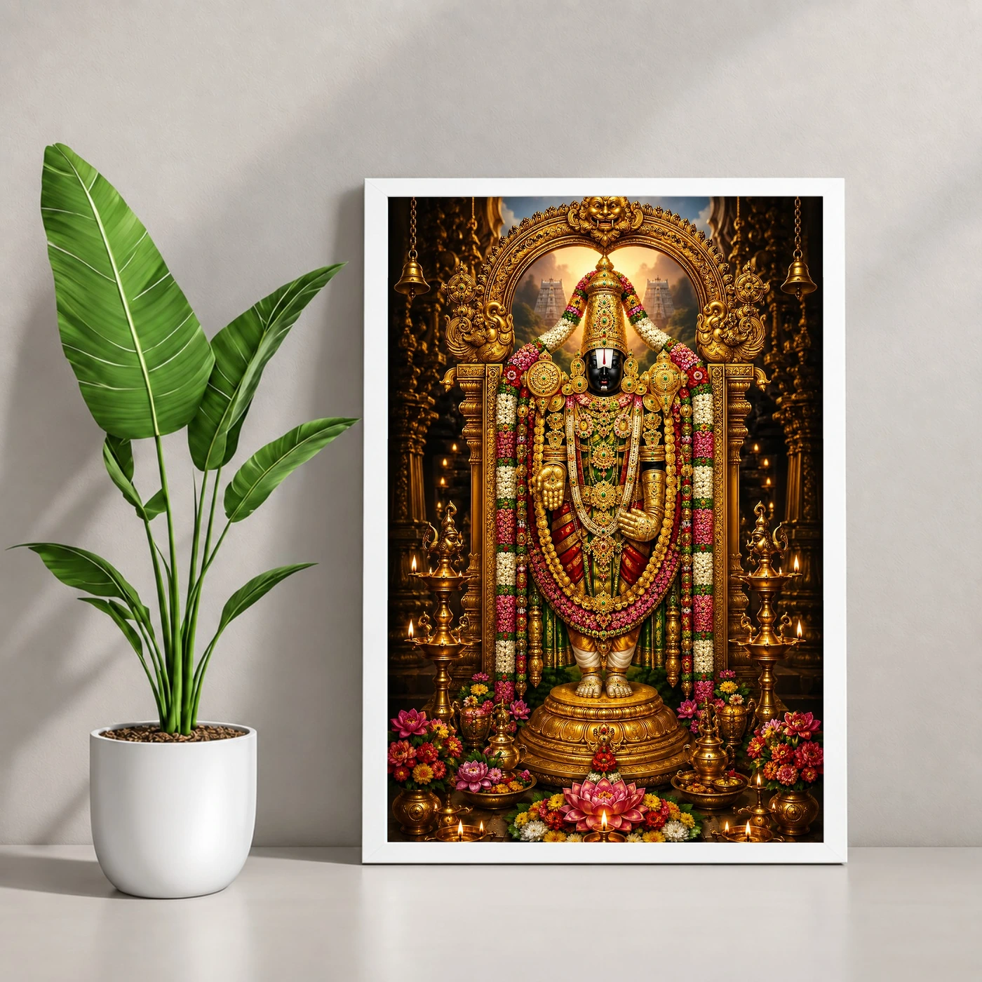 Tirupati Balaji Peaceful Home Mandir Composition Photo Frame 4 Tirupati Balaji Peaceful Home Mandir Composition Photo Frame — white frame console