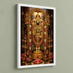 Tirupati Balaji Peaceful Home Mandir Composition Photo Frame 13 Tirupati Balaji Peaceful Home Mandir Composition Photo Frame — white frame angled wall