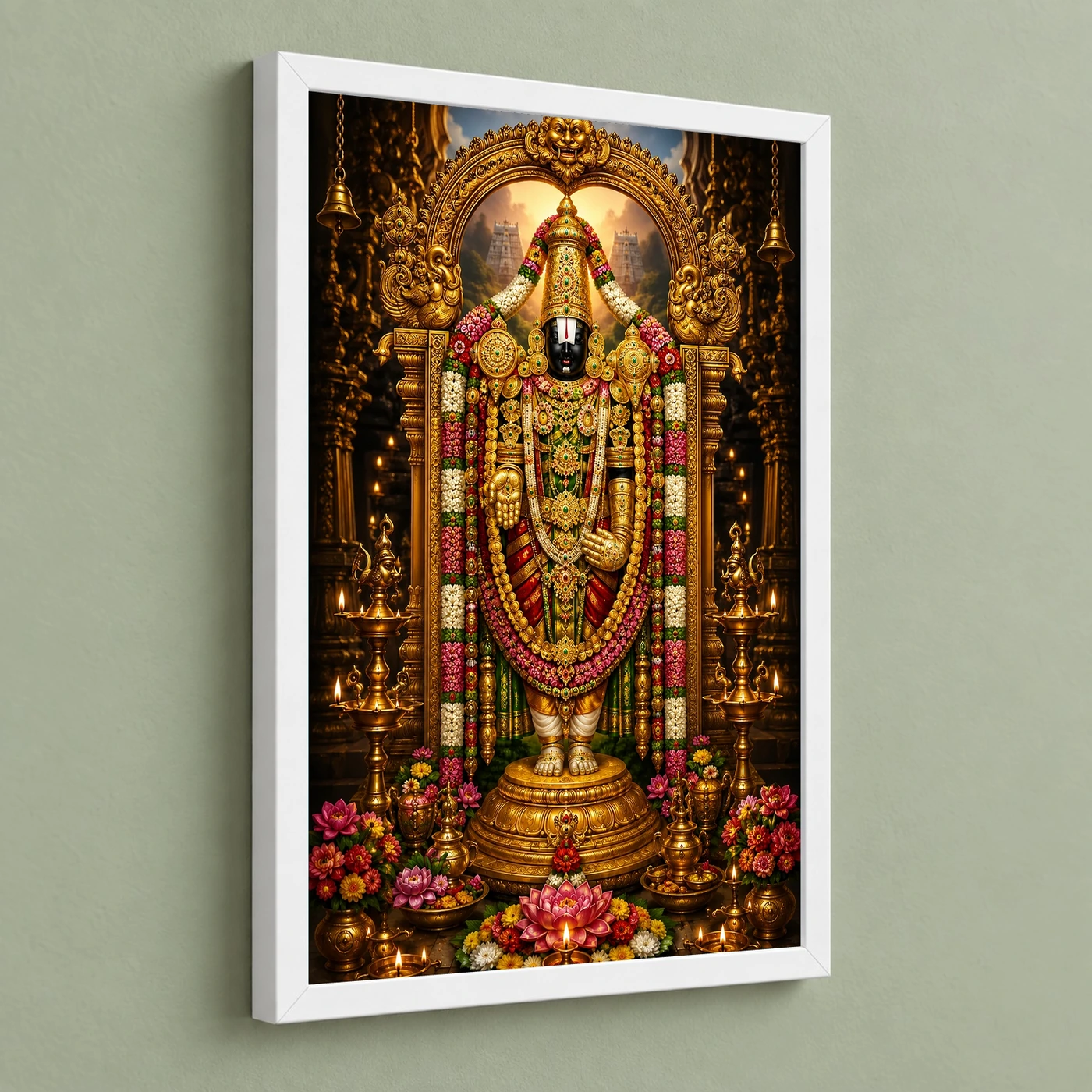 Tirupati Balaji Peaceful Home Mandir Composition Photo Frame 5 Tirupati Balaji Peaceful Home Mandir Composition Photo Frame — white frame angled wall