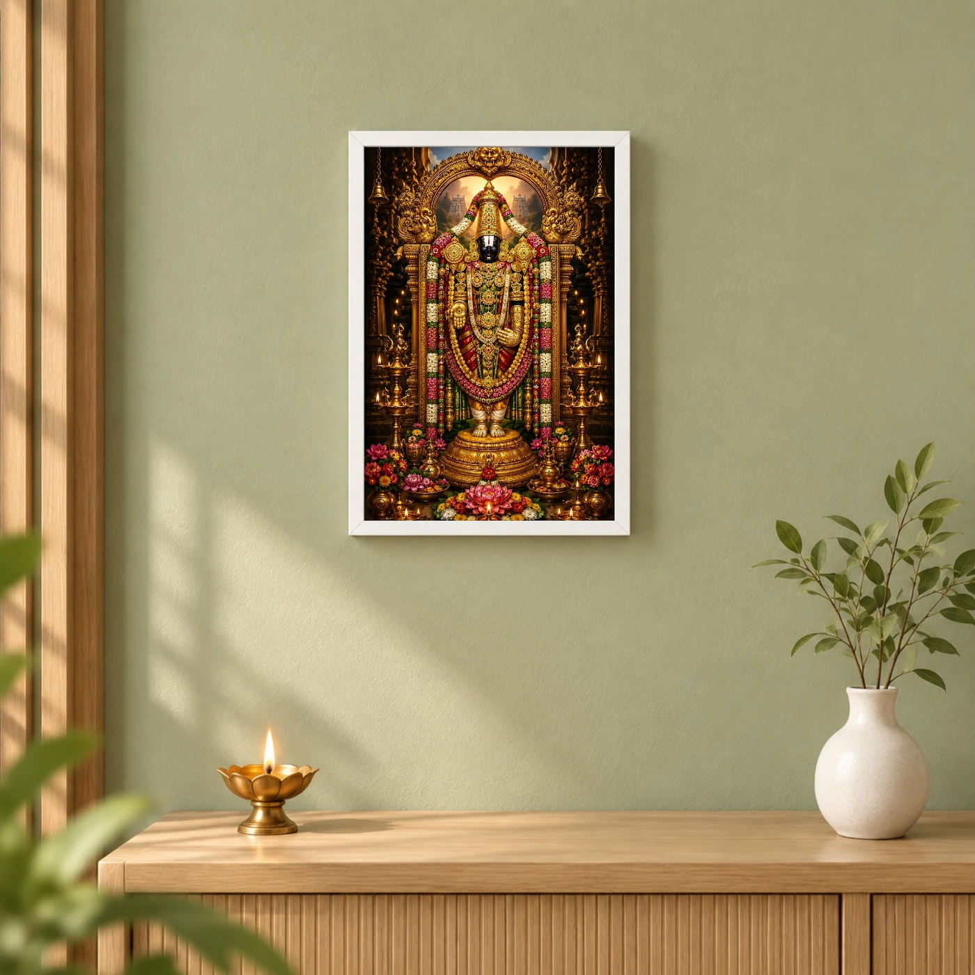 Tirupati Balaji Peaceful Home Mandir Composition Photo Frame 6 Tirupati Balaji Peaceful Home Mandir Composition Photo Frame — white frame distant wall