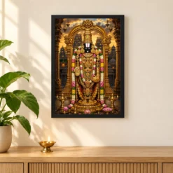 Tirupati Balaji Heritage Temple Architecture Backdrop Photo Frame — black frame pooja shelf