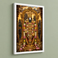 Tirupati Balaji Heritage Temple Architecture Backdrop Photo Frame — white frame angled wall