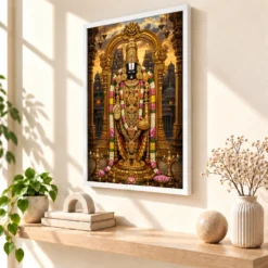 Tirupati Balaji Heritage Temple Architecture Backdrop Photo Frame — white frame warm console
