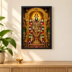 Tirupati Balaji Vivid Premium Spiritual Poster Art Photo Frame — black frame pooja shelf