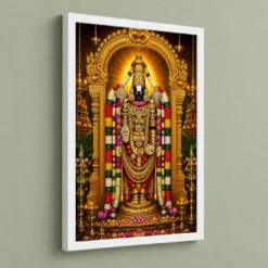 Tirupati Balaji Vivid Premium Spiritual Poster Art Photo Frame — white frame angled wall