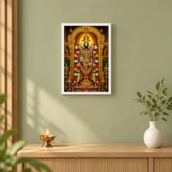 Tirupati Balaji Vivid Premium Spiritual Poster Art Photo Frame — white frame distant wall