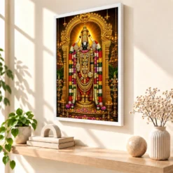 Tirupati Balaji Vivid Premium Spiritual Poster Art Photo Frame — white frame warm console