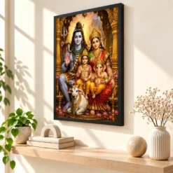 Shiv Parivar Ornate Golden Temple Darshan Photo Frame — black frame console