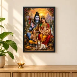 Shiv Parivar Serene Sunrise Blessing Photo Frame — black frame pooja shelf