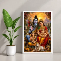Shiv Parivar Serene Sunrise Blessing Photo Frame — white frame console