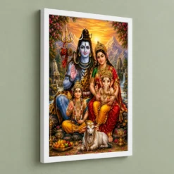 Shiv Parivar Serene Sunrise Blessing Photo Frame — white frame angled wall