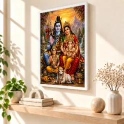Shiv Parivar Serene Sunrise Blessing Photo Frame — white frame warm console