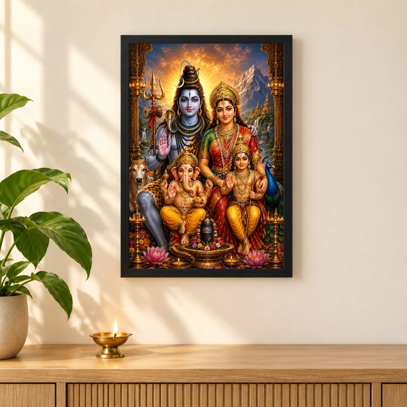 Shiv Parivar Royal Jewel-Toned Portrait Photo Frame 3 Shiv Parivar Royal Jewel-Toned Portrait Photo Frame — black frame pooja shelf