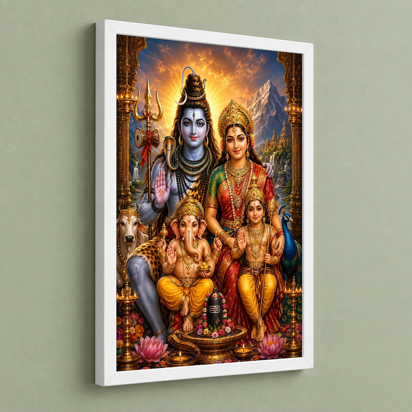 Shiv Parivar Royal Jewel-Toned Portrait Photo Frame 5 Shiv Parivar Royal Jewel-Toned Portrait Photo Frame — white frame angled wall