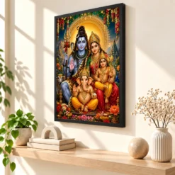 Shiv Parivar Grand Festival Flower Decoration Photo Frame — black frame console