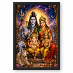 Shiv Parivar Cosmic Celestial Aura Photo Frame — black frame clean