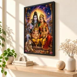 Shiv Parivar Cosmic Celestial Aura Photo Frame — black frame console