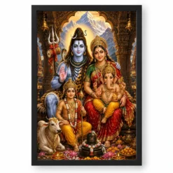 Shiv Parivar Heritage Temple Architecture Backdrop Photo Frame — black frame clean