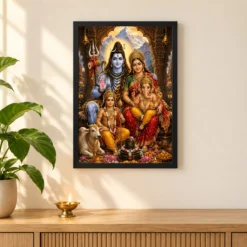 Shiv Parivar Heritage Temple Architecture Backdrop Photo Frame — black frame pooja shelf