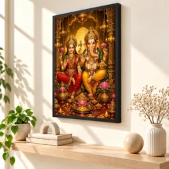 Lakshmi Ganesha Ornate Golden Temple Darshan Photo Frame — black frame console