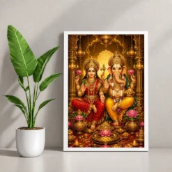 Lakshmi Ganesha Ornate Golden Temple Darshan Photo Frame — white frame console