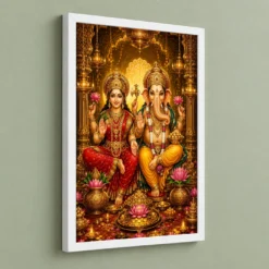 Lakshmi Ganesha Ornate Golden Temple Darshan Photo Frame — white frame angled wall