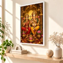 Lakshmi Ganesha Ornate Golden Temple Darshan Photo Frame — white frame warm console