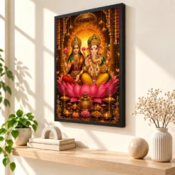 Lakshmi Ganesha Lotus And Diya Radiance Photo Frame — black frame console