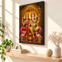 Lakshmi Ganesha Traditional Indian Miniature-Inspired Devotional Art Photo Frame — black frame console