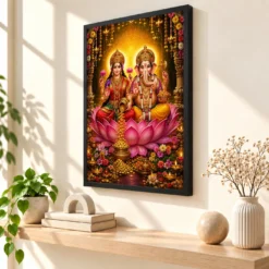 Lakshmi Ganesha Grand Festival Flower Decoration Photo Frame — black frame console