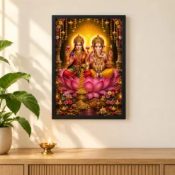 Lakshmi Ganesha Grand Festival Flower Decoration Photo Frame 11 Lakshmi Ganesha Grand Festival Flower Decoration Photo Frame — black frame pooja shelf