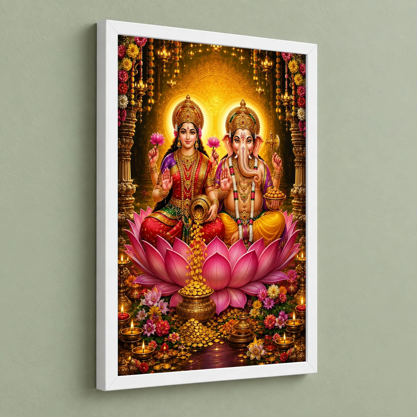 Lakshmi Ganesha Grand Festival Flower Decoration Photo Frame 5 Lakshmi Ganesha Grand Festival Flower Decoration Photo Frame — white frame angled wall