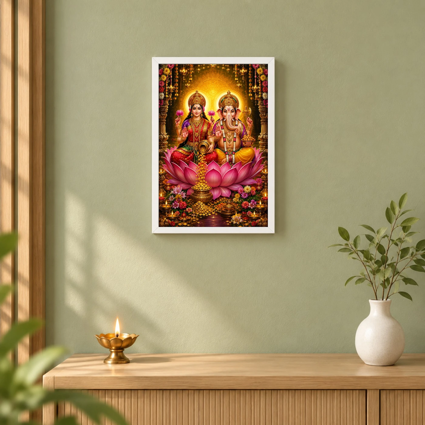 Lakshmi Ganesha Grand Festival Flower Decoration Photo Frame 6 Lakshmi Ganesha Grand Festival Flower Decoration Photo Frame — white frame distant wall